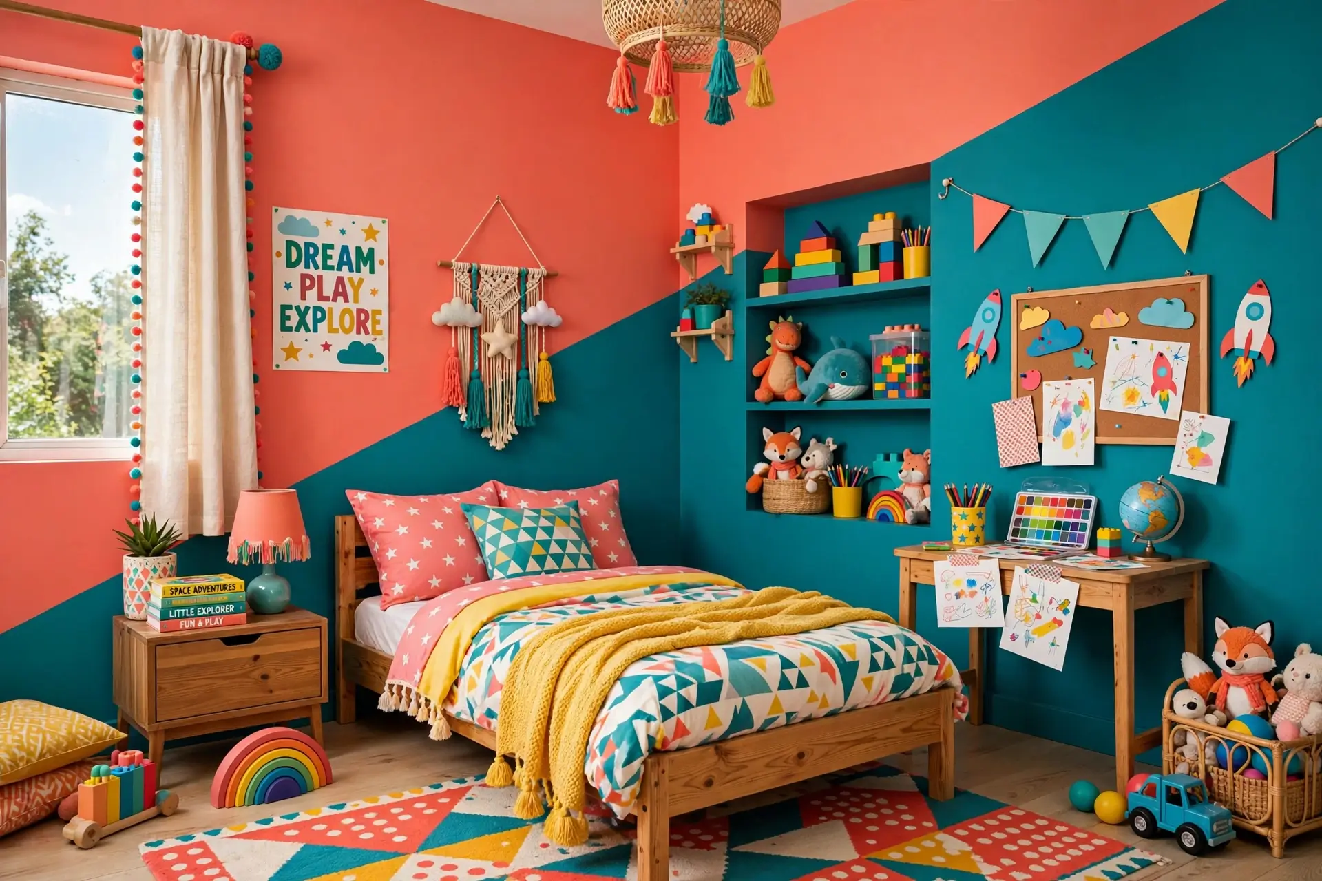 Bold playful kids bedroom with coral and teal color blocking