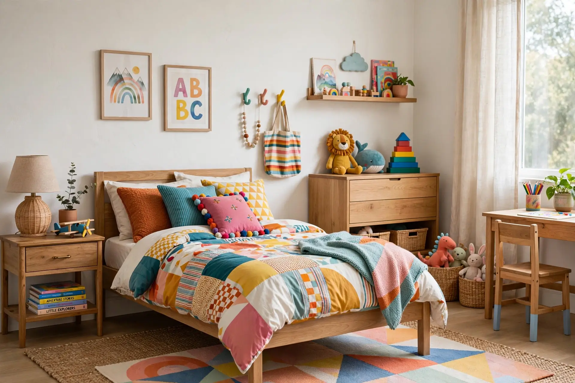 Neutral kids bedroom with swappable colorful accents