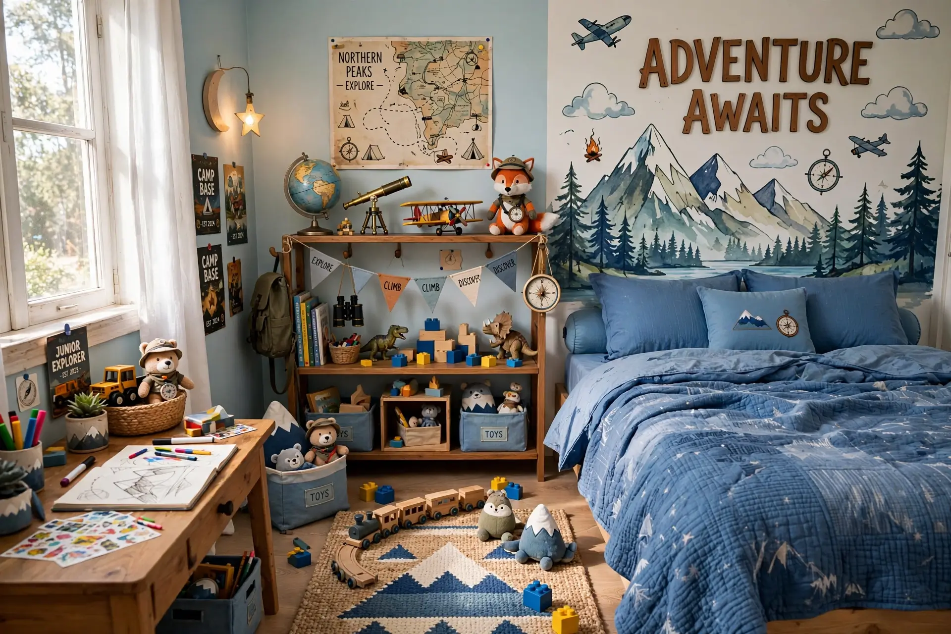 Fun boys bedroom with blue bedding and adventure decor