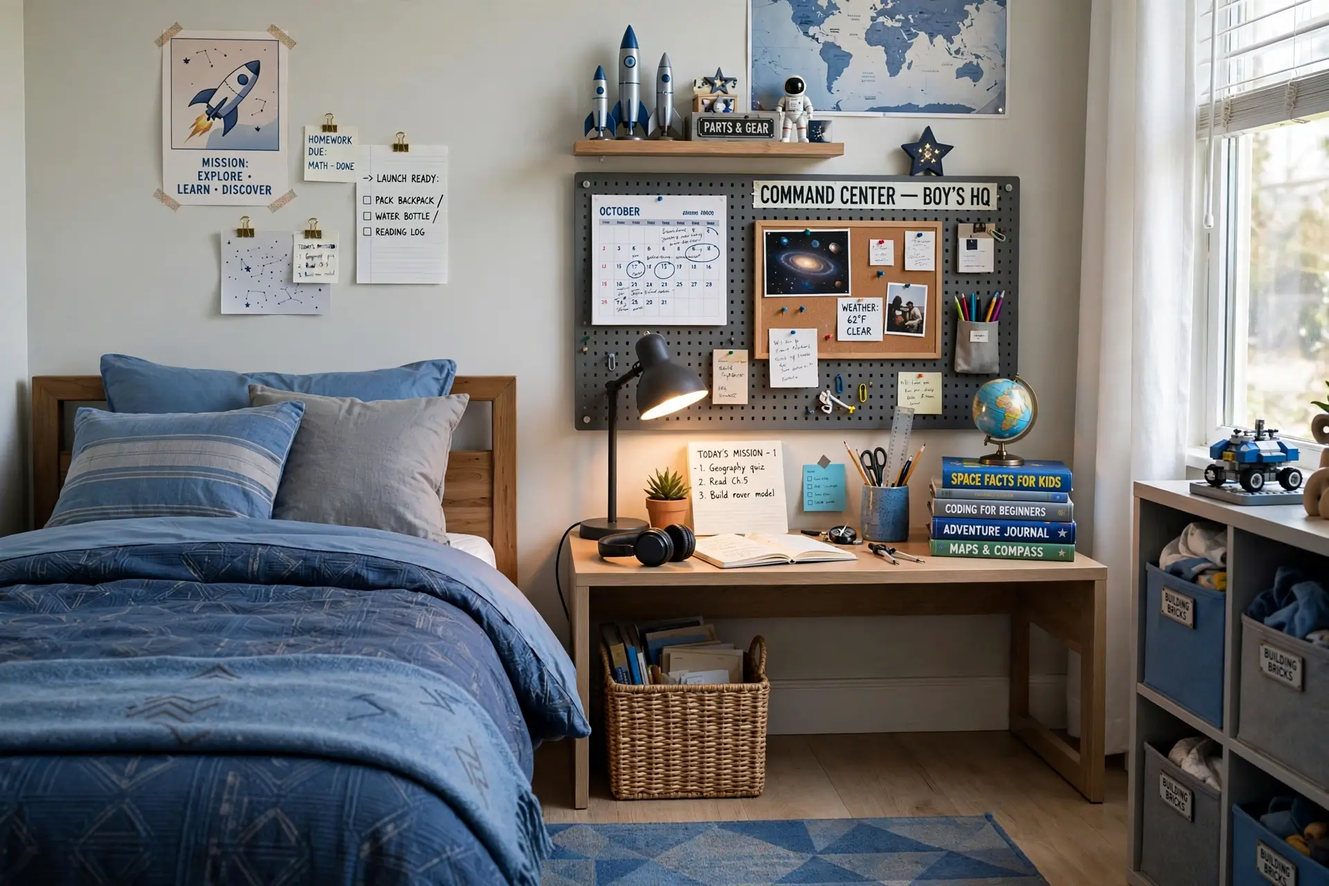 Boys bedroom command center with bed and study desk