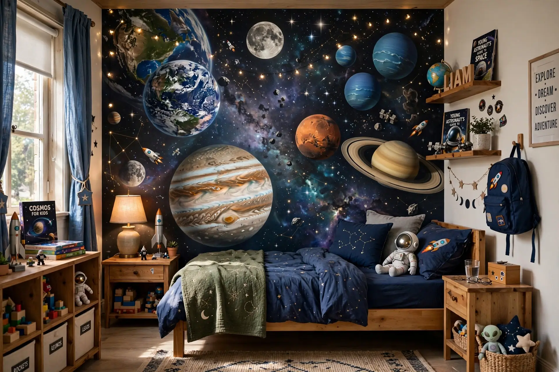 Space-themed feature wall with planets mural in boys room