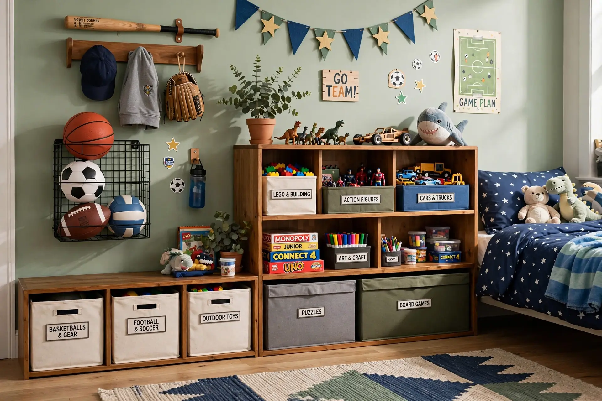 Organized sports and toy storage with labeled bins in boys room