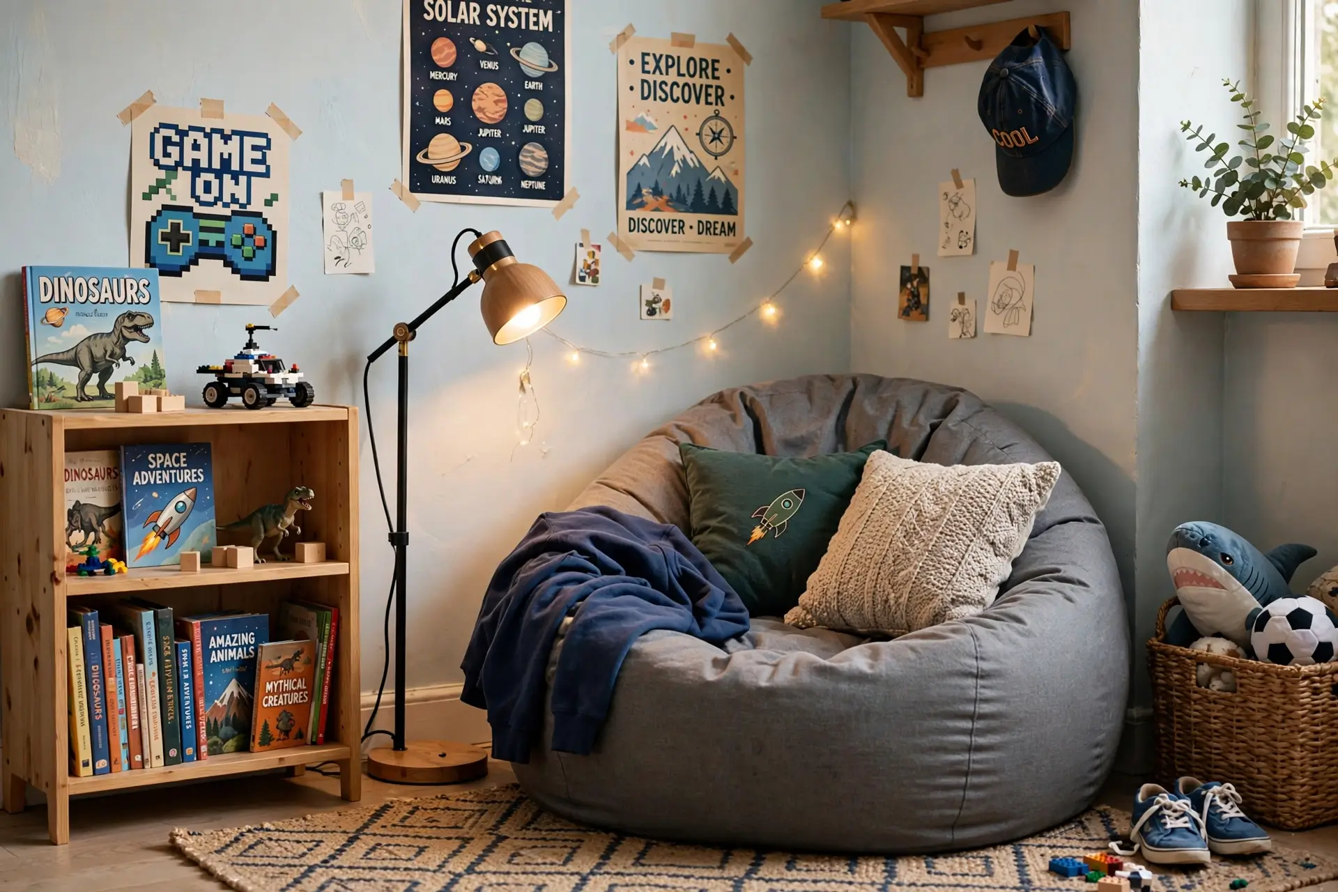 Cozy hangout corner with beanbag and bookshelf in boys room