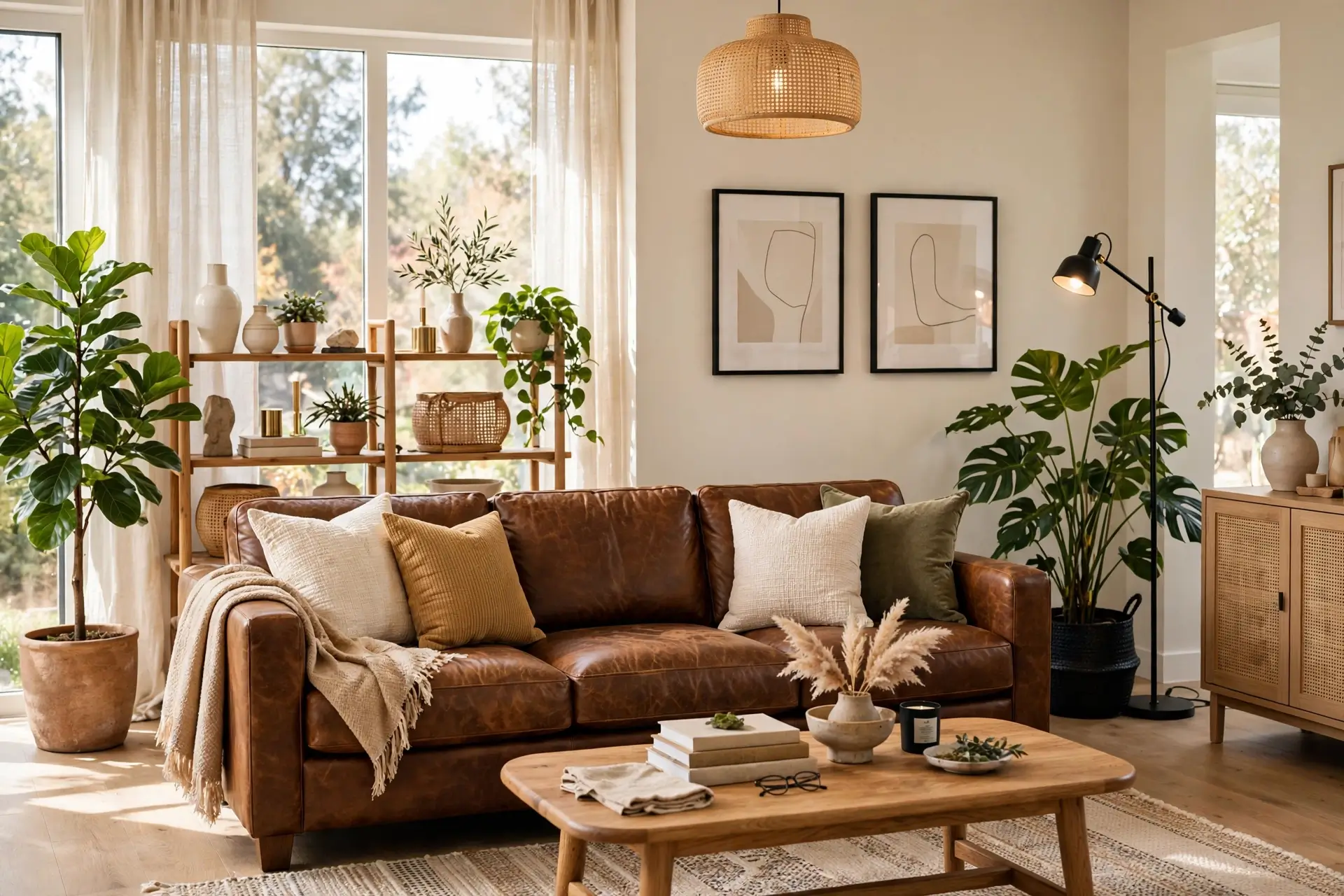 Stylish living room with brown leather couch and modern decor