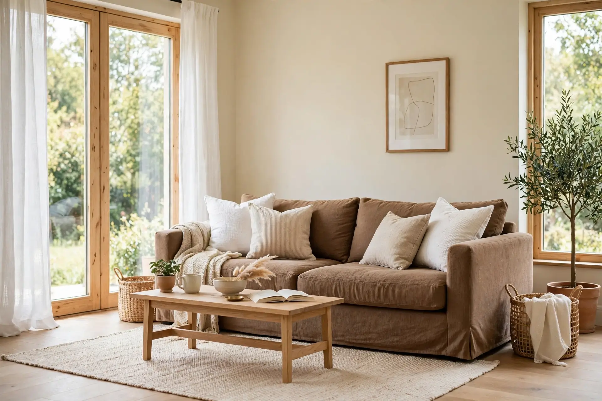 Brown couch styled light and airy with cream cushions