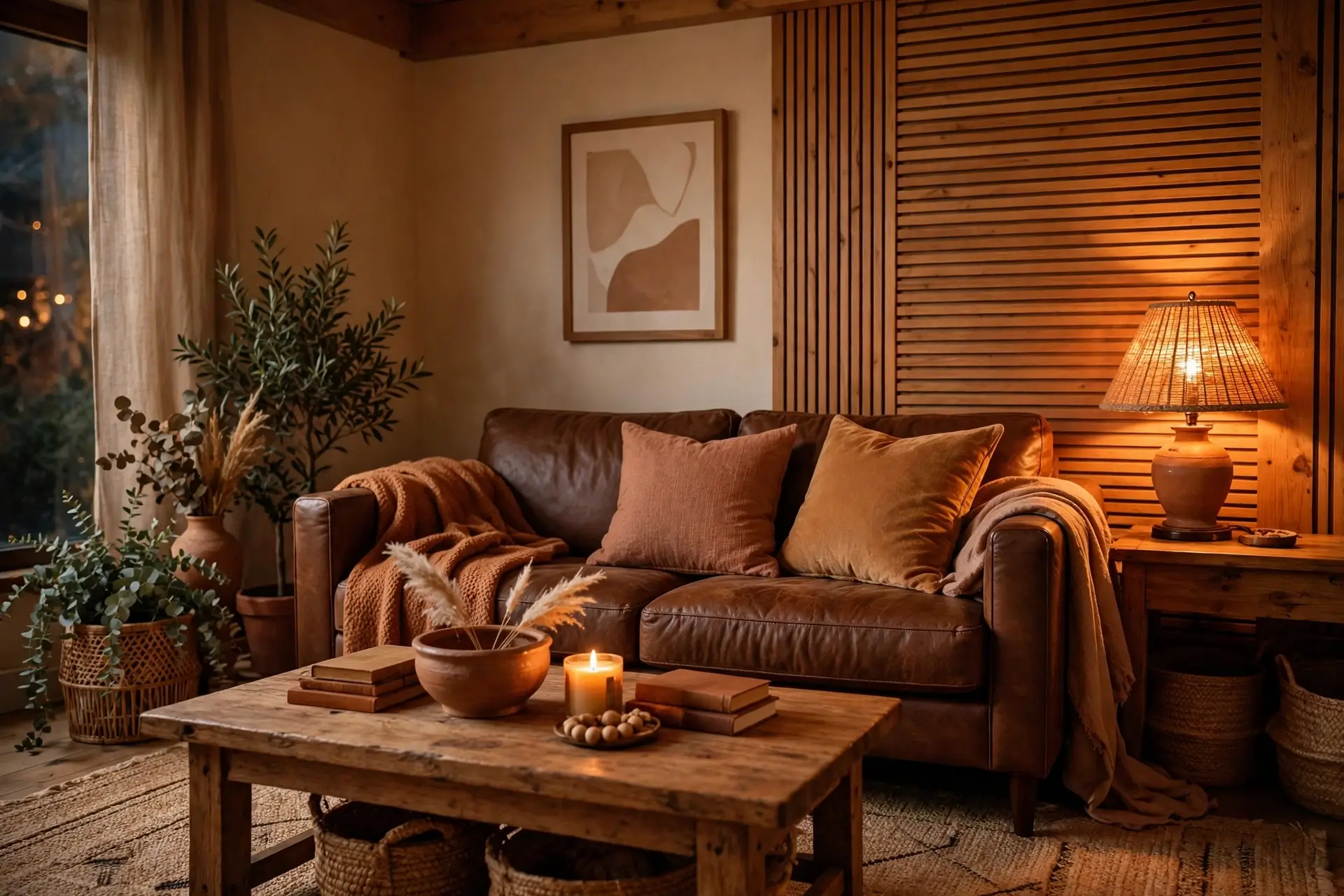 Brown couch with terracotta and caramel warm accents