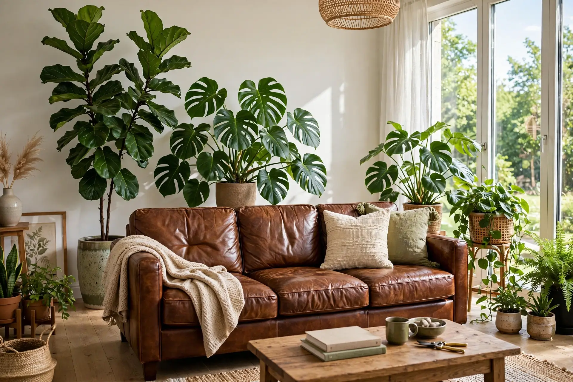 Brown leather couch surrounded by lush green houseplants