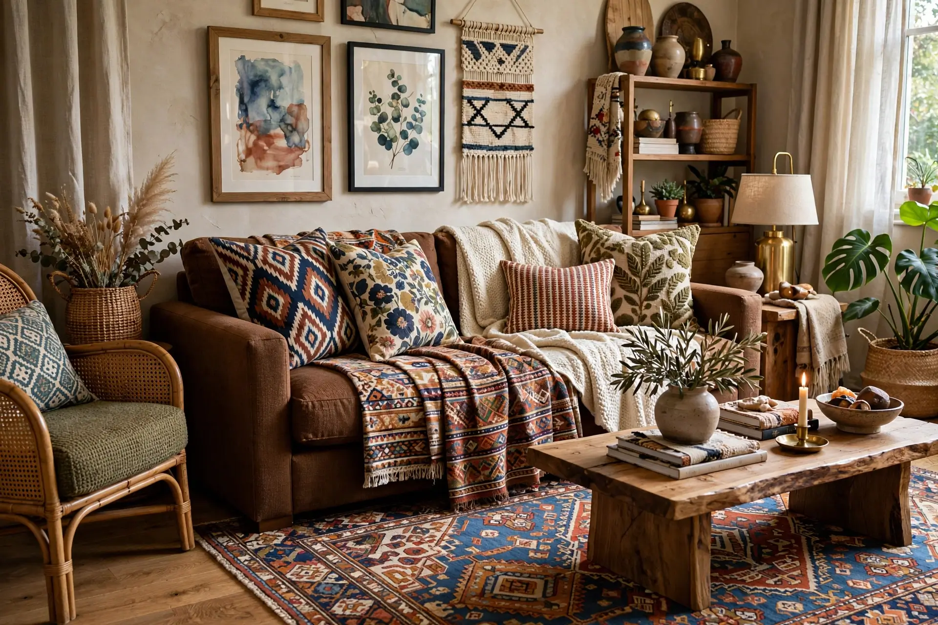 Brown couch with patterned rug and mixed print cushions