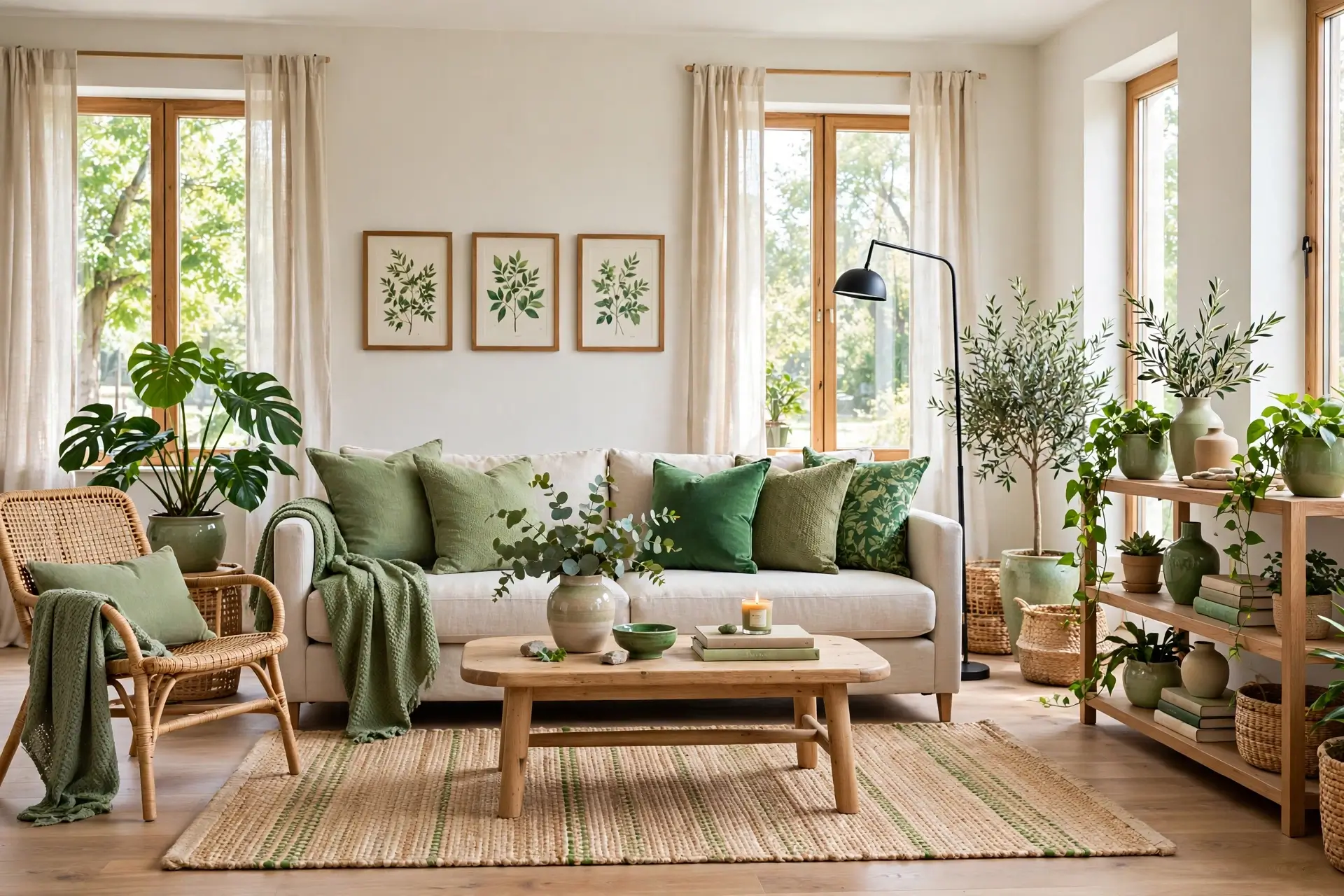 Stylish living room with green cushions and plants
