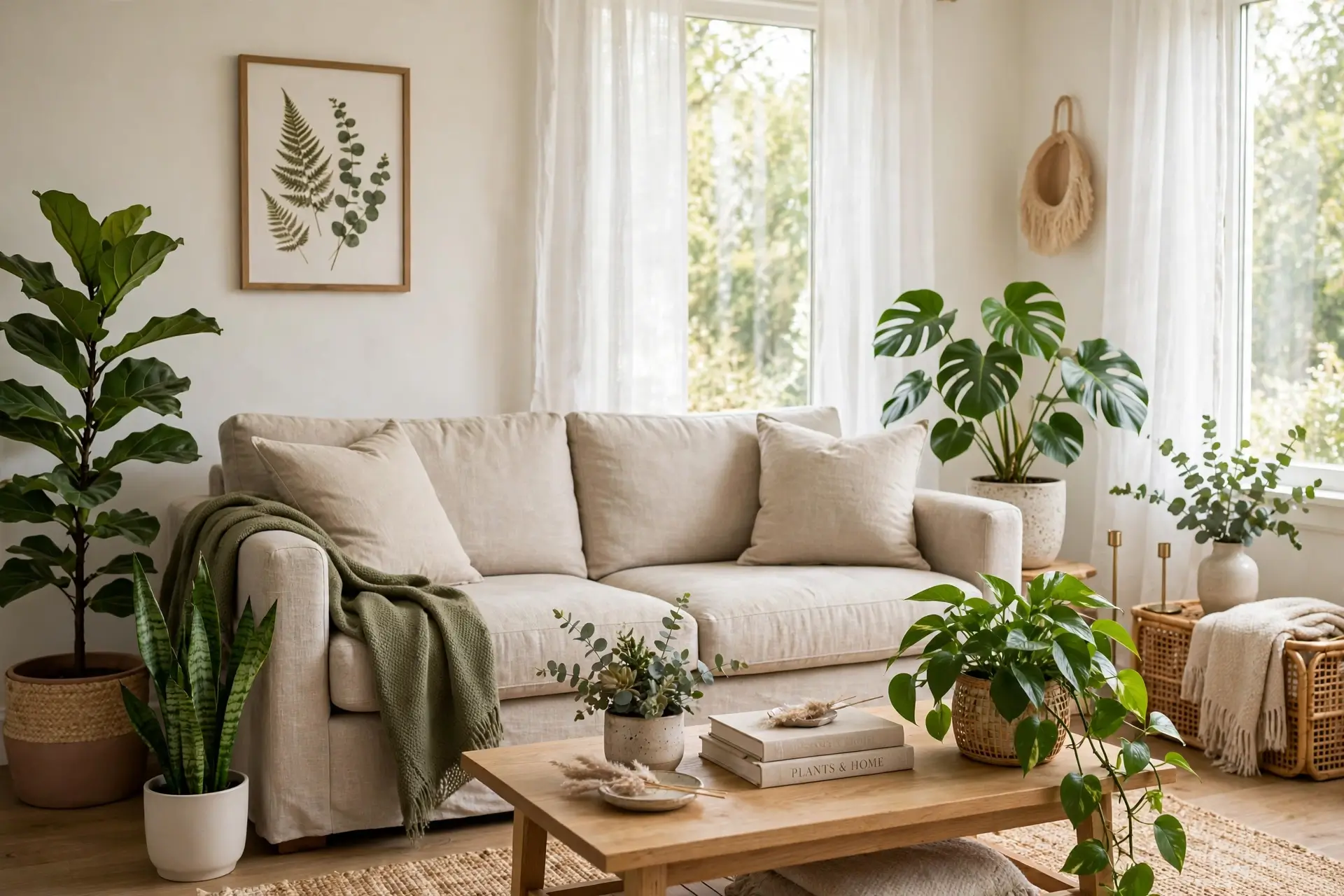 Living room with houseplants as green accents around neutral sofa