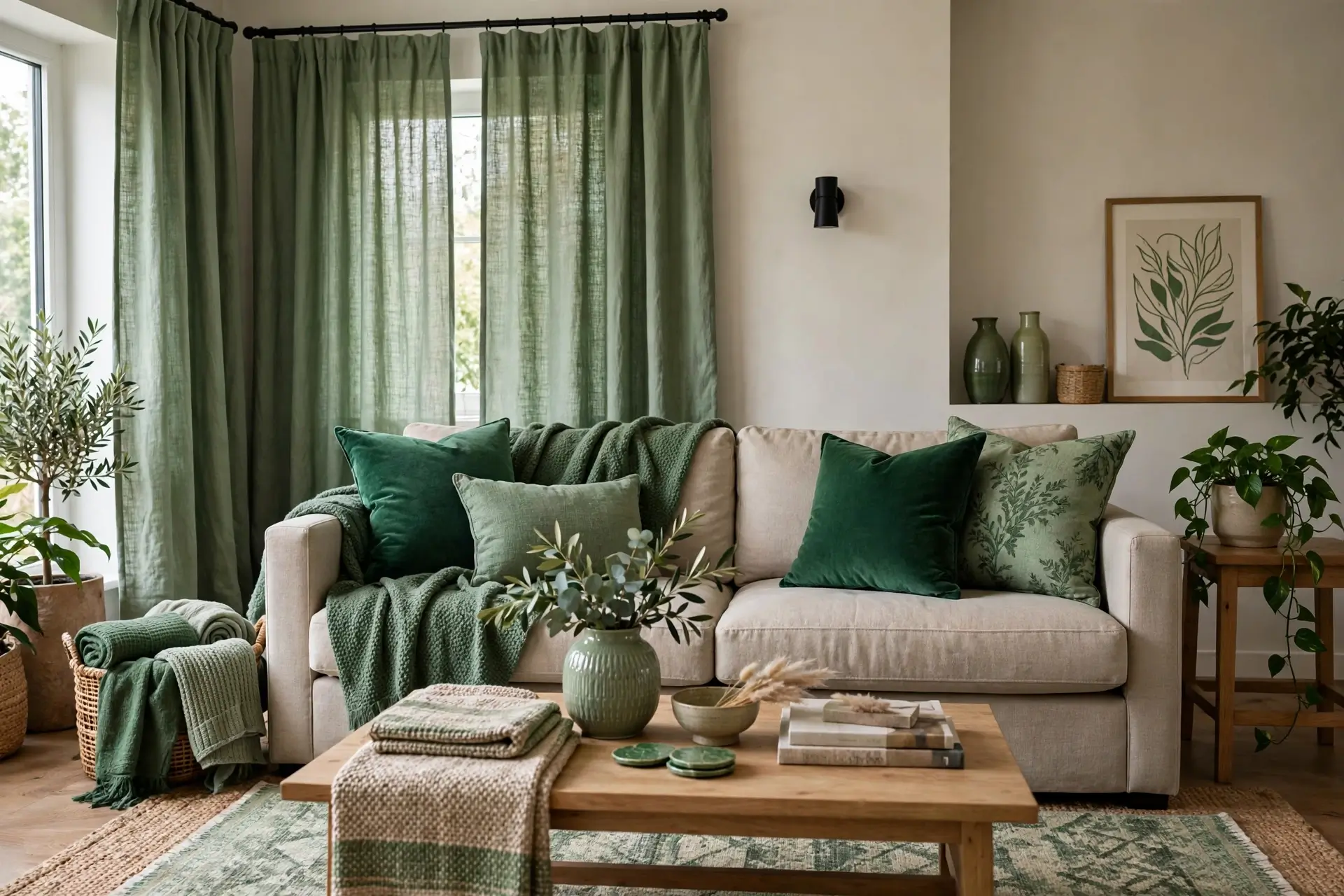 Living room with green cushions, throw and curtains on neutral sofa