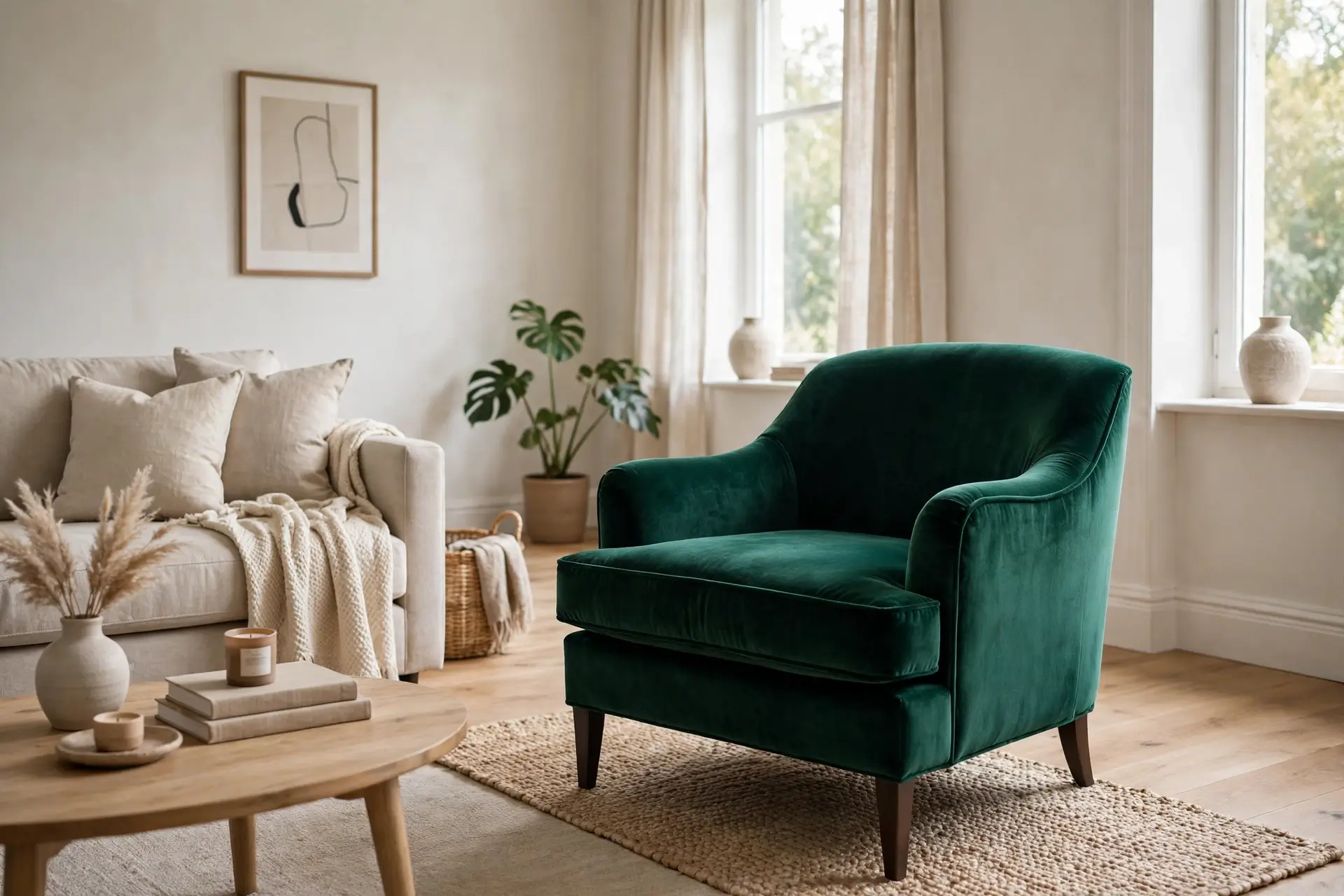 Emerald velvet armchair as bold green statement in neutral living room