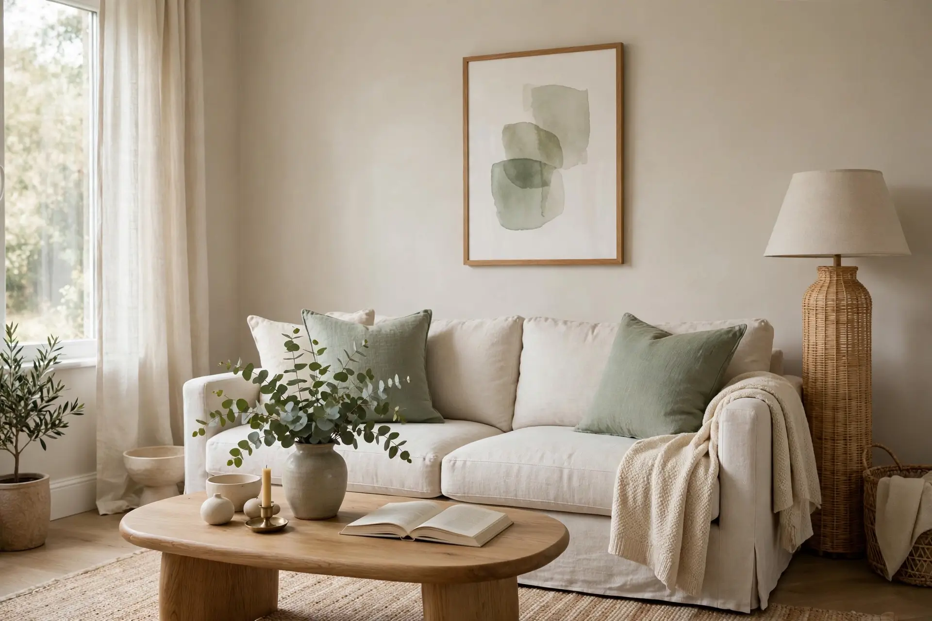 Subtle sage green accents with eucalyptus in calm neutral living room