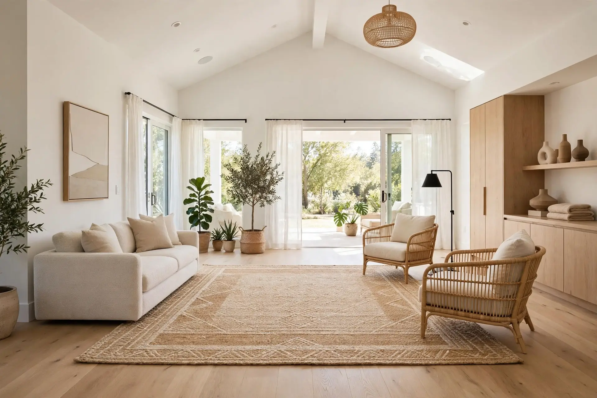 Spacious living room with no coffee table and open rug