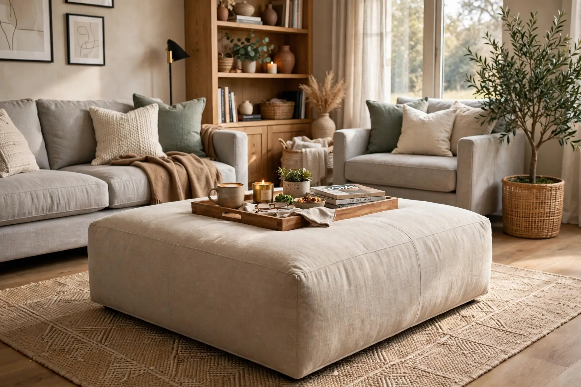 Living room with large ottoman and tray instead of coffee table