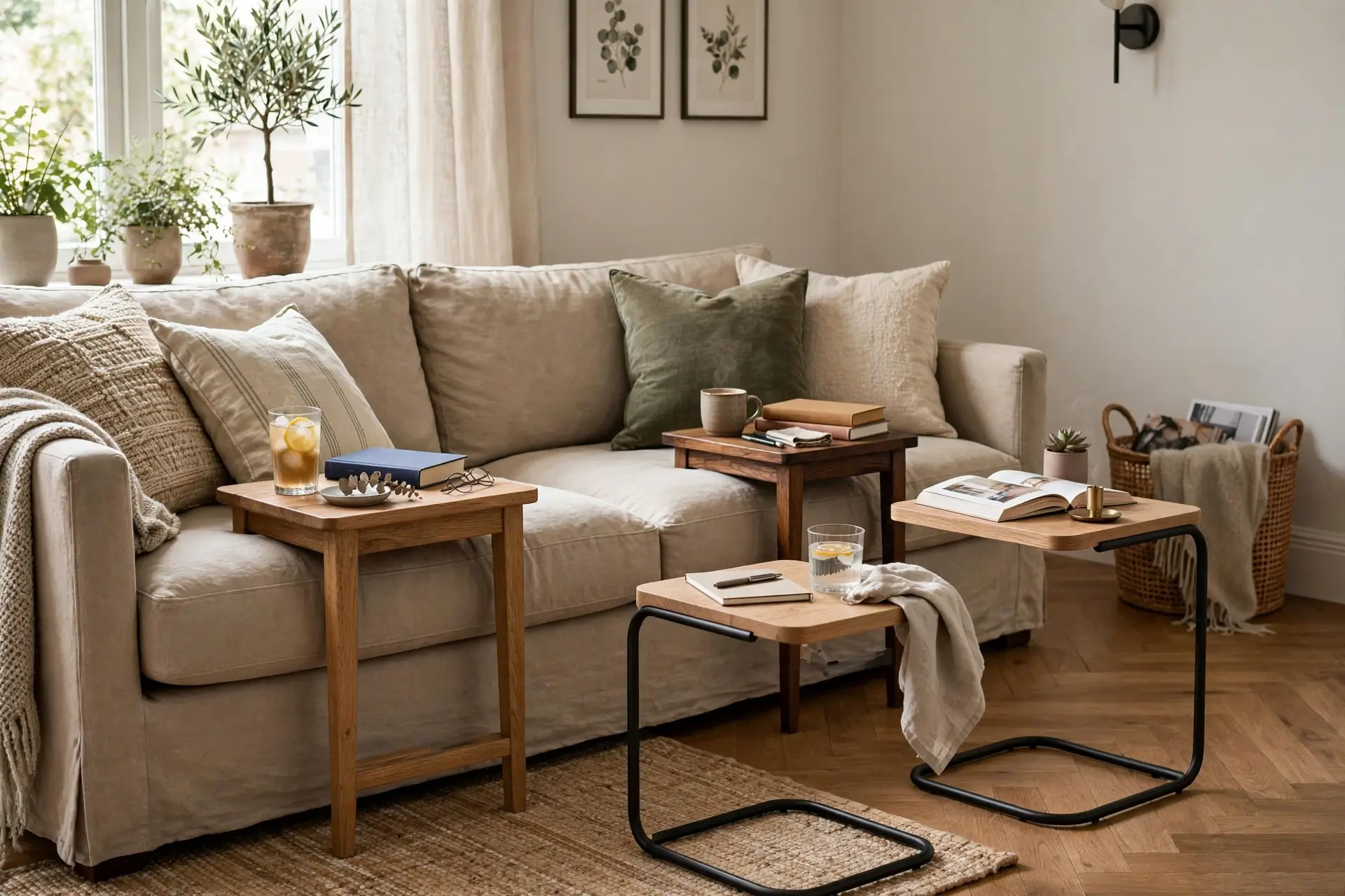 Living room with side tables and C-tables, no coffee table