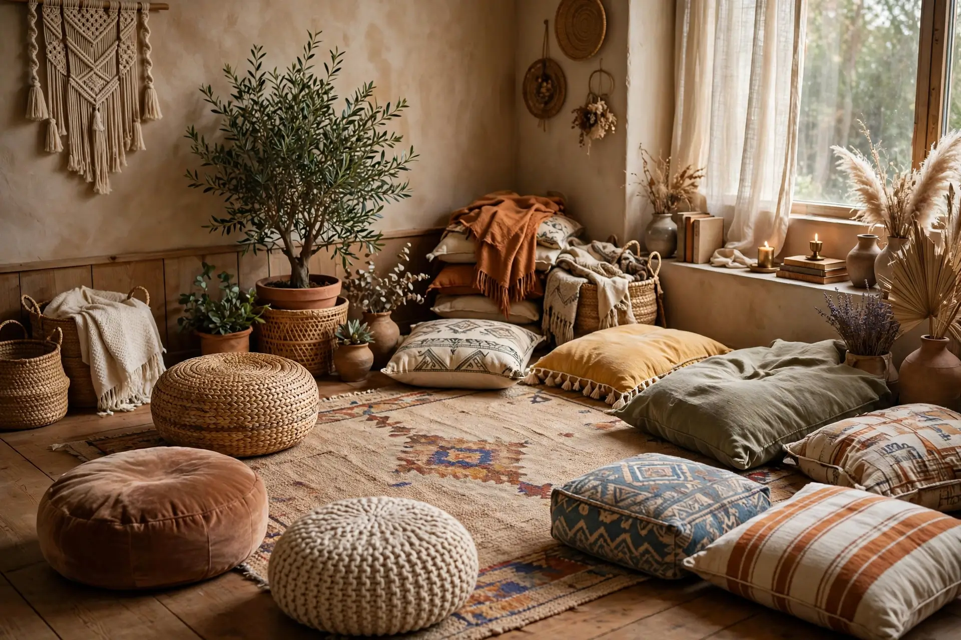 Floor lounge living room with poufs and cushions, no coffee table