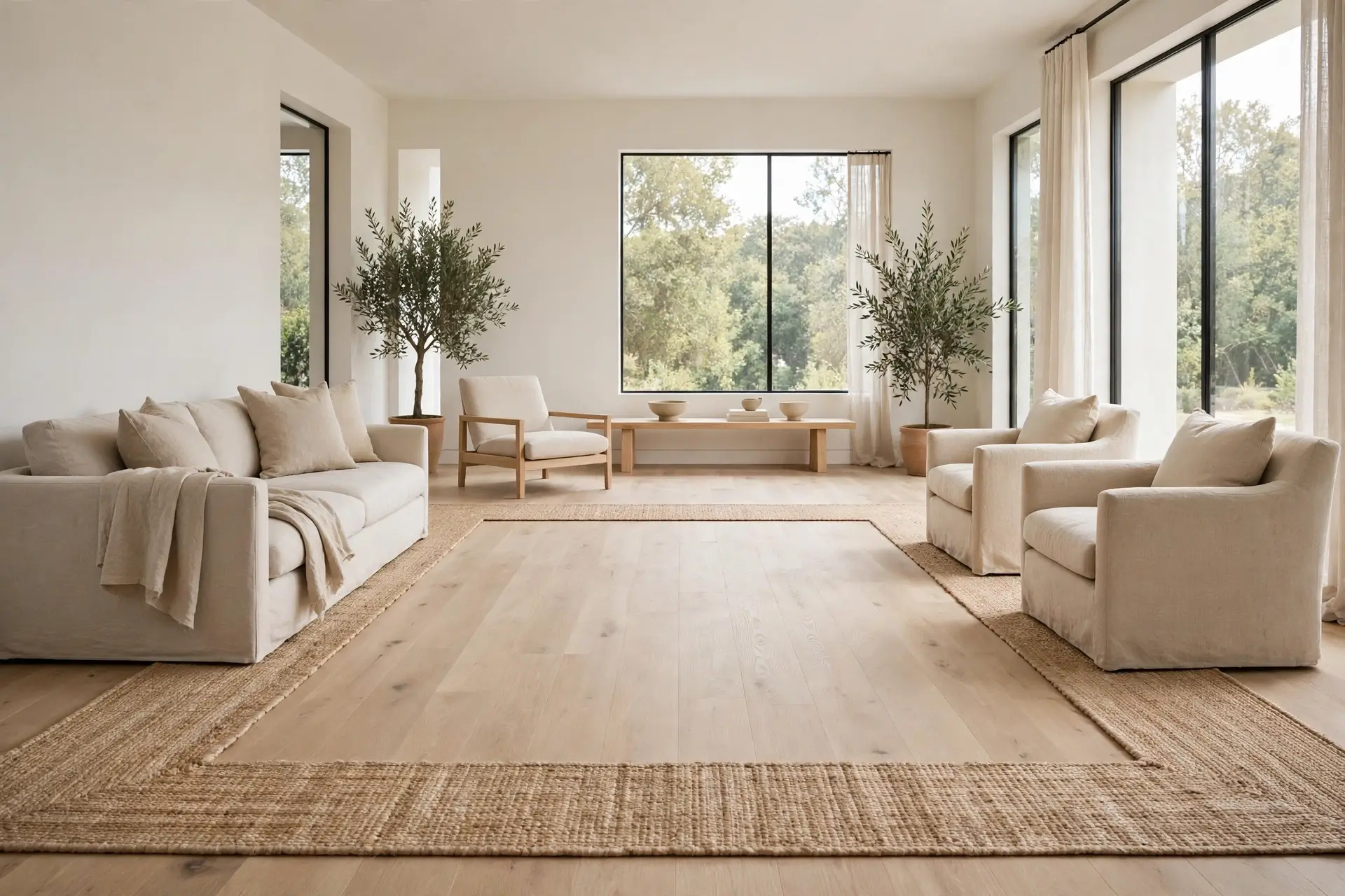 Minimalist living room with intentional empty center and large rug