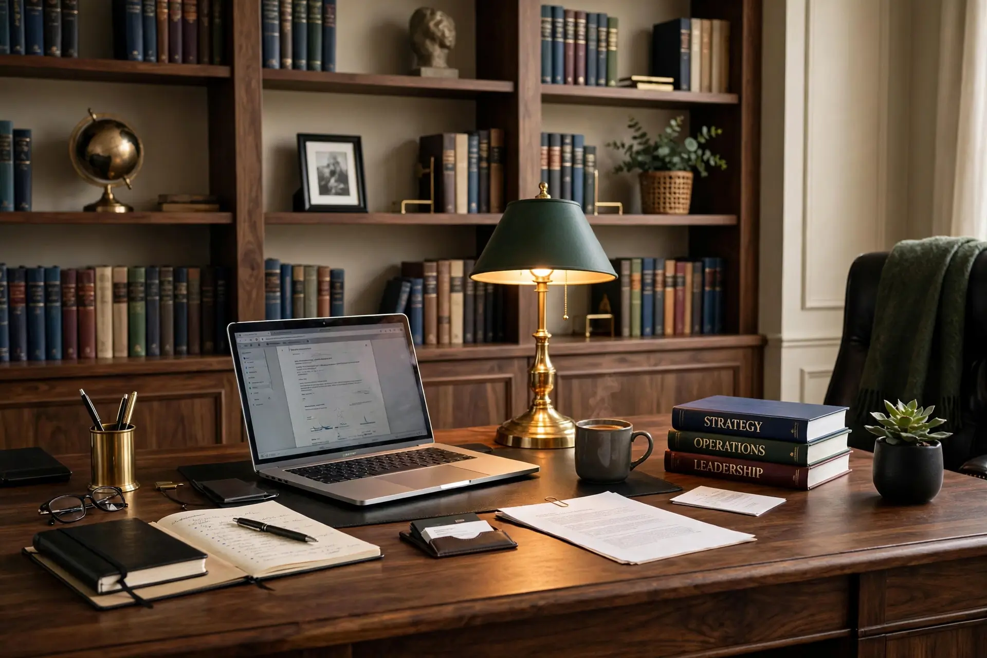 Professional executive desk setup with bookshelf background