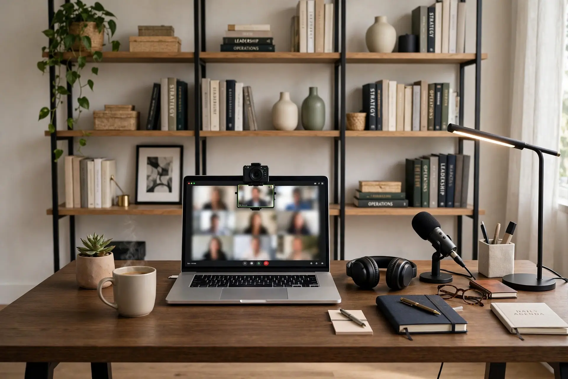 Professional desk facing the room with styled bookshelf video-call background