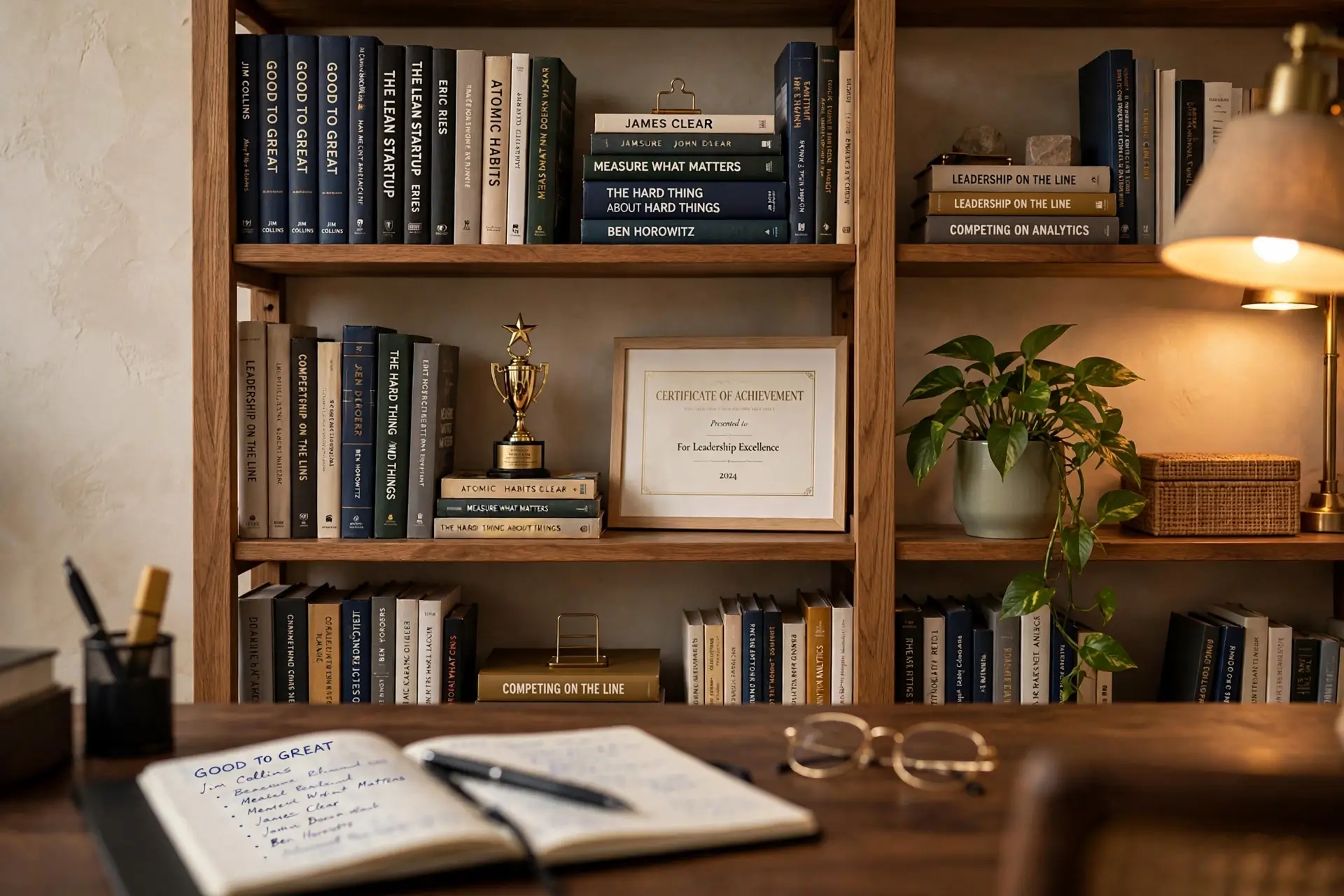 Curated office bookshelf with business books, award and plant