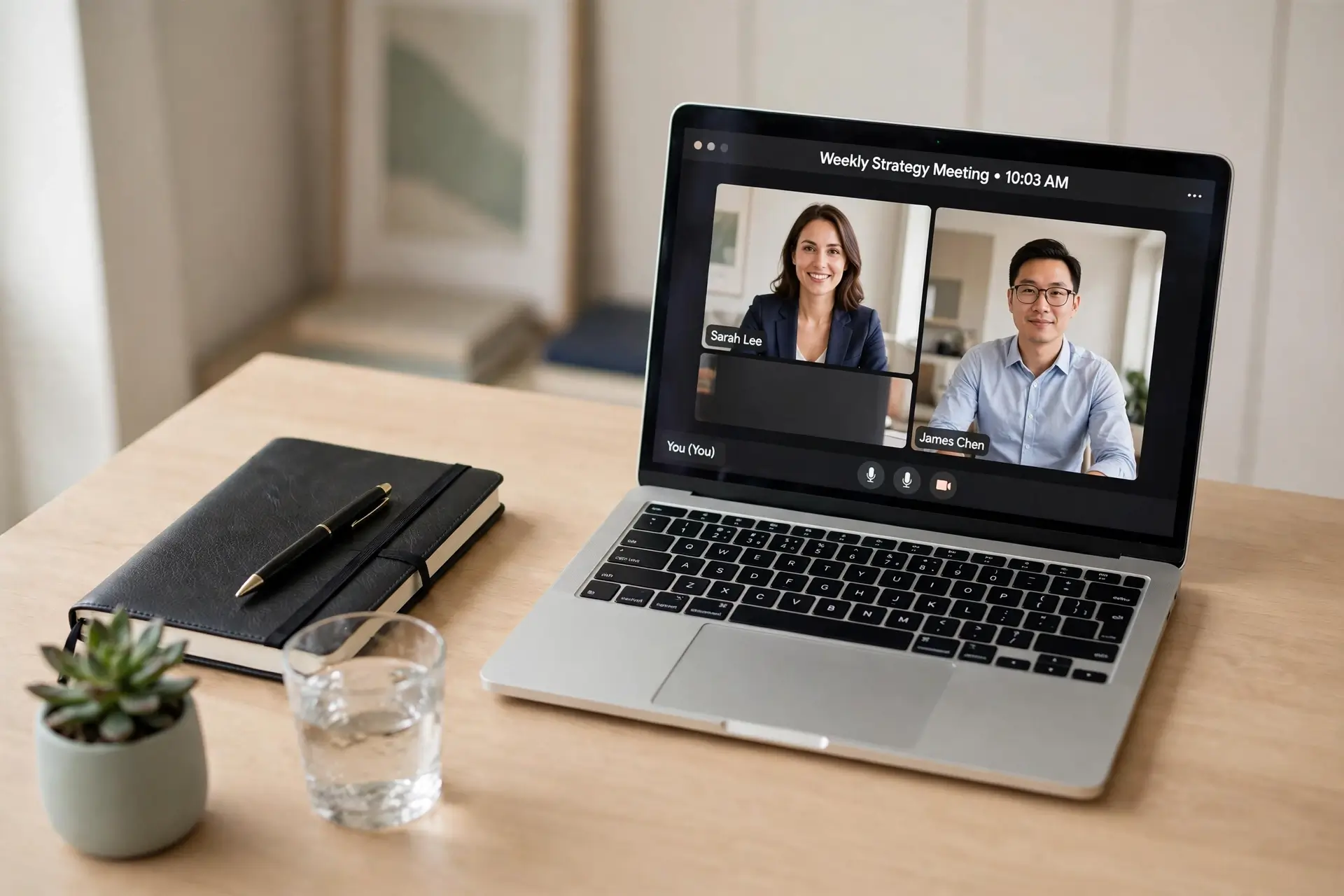 Meeting-ready clear desk surface with laptop on video call