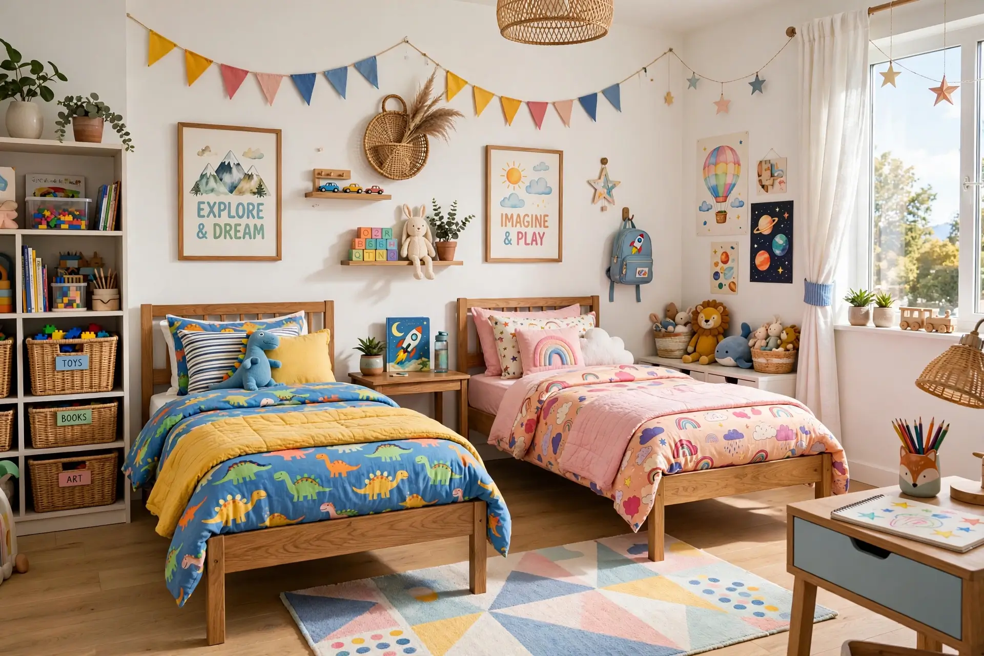 Cheerful shared kids bedroom with two beds and playful decor