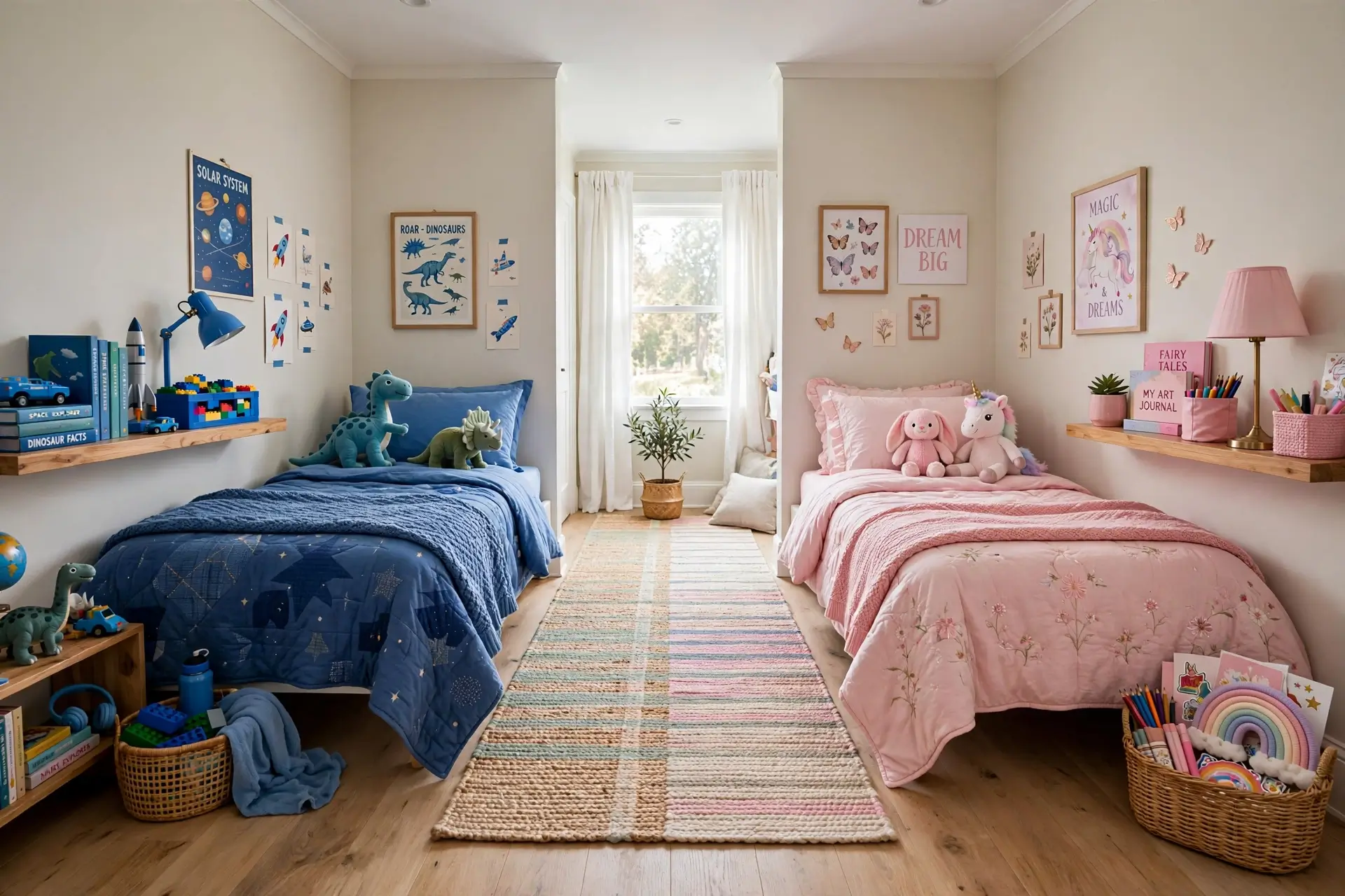 Shared kids room divided into two distinct personal zones