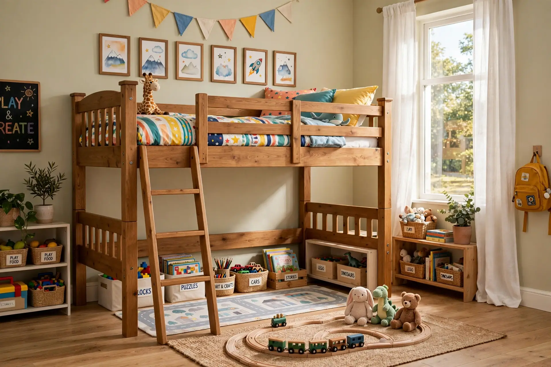 Bunk bed in shared kids room freeing floor space for play