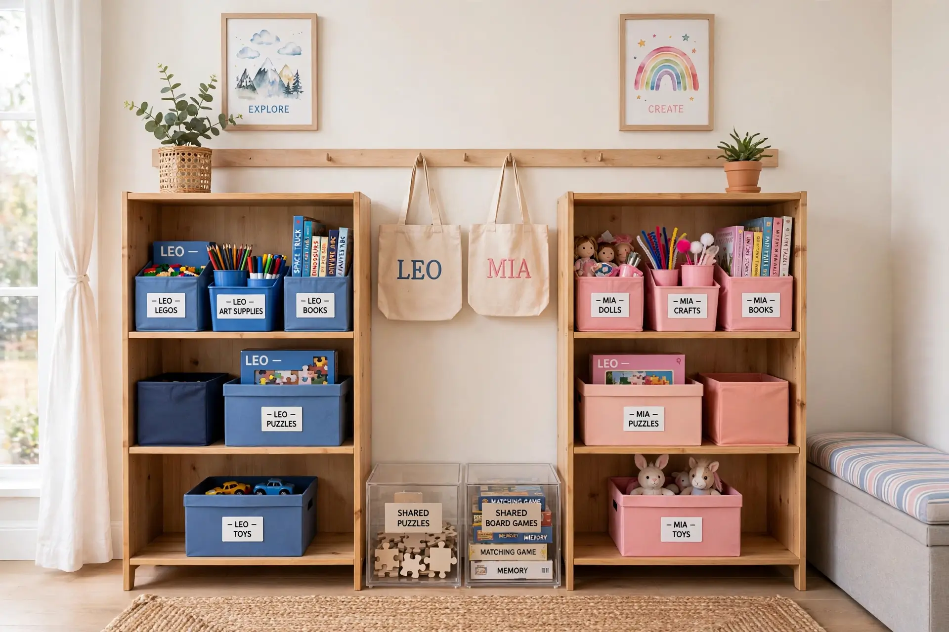Organized labeled storage for two children in shared room