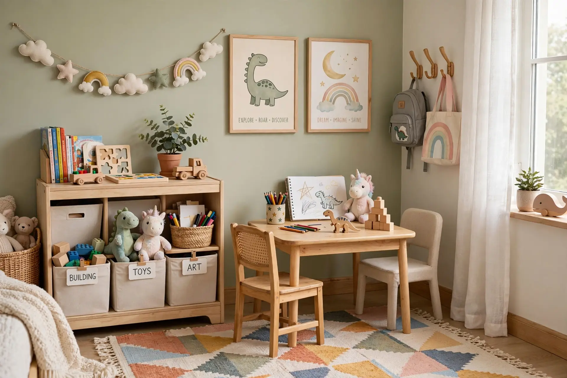 Shared neutral play corner with table, chairs and toys