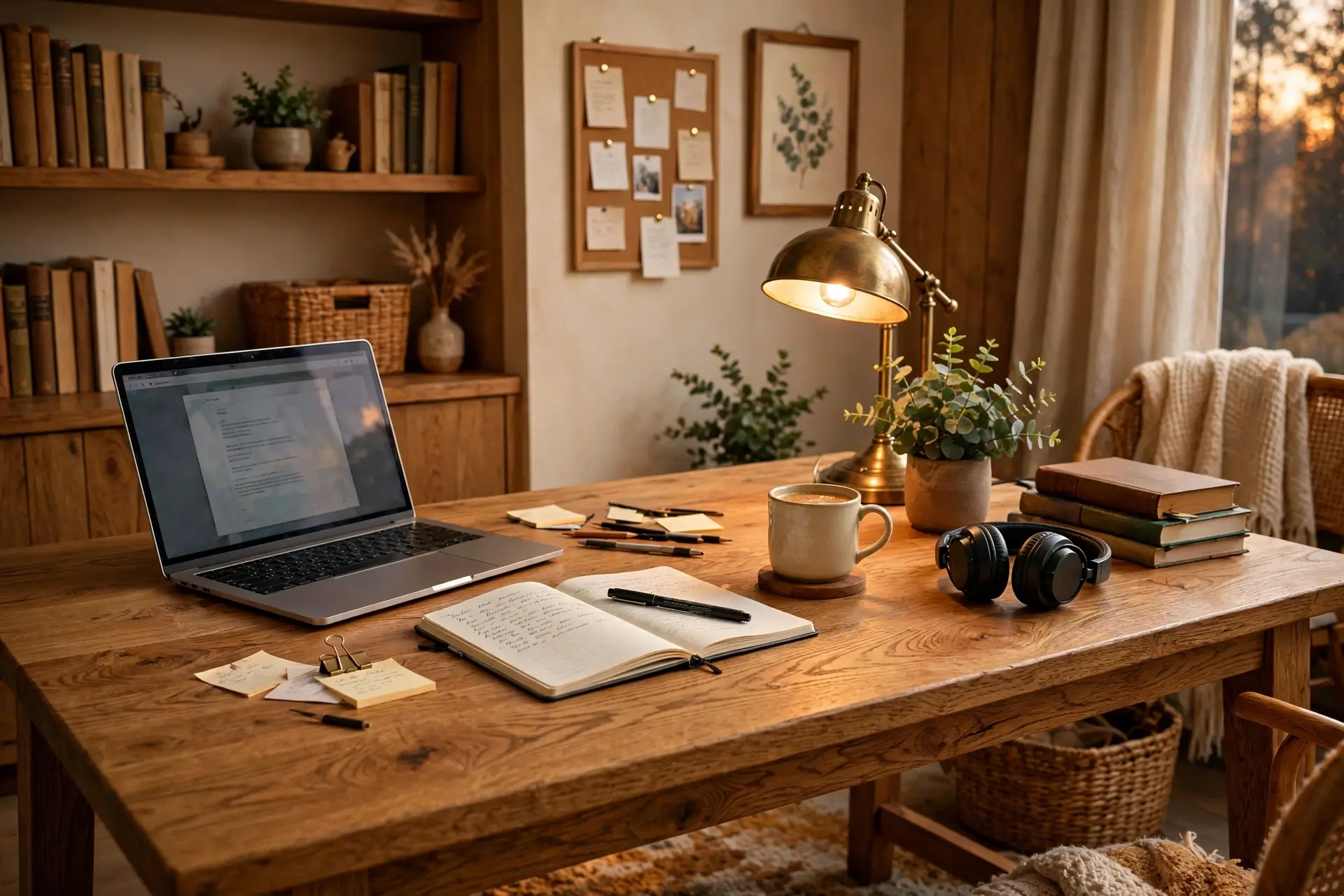 Beautiful wooden desk setup with warm oak grain and brass lamp