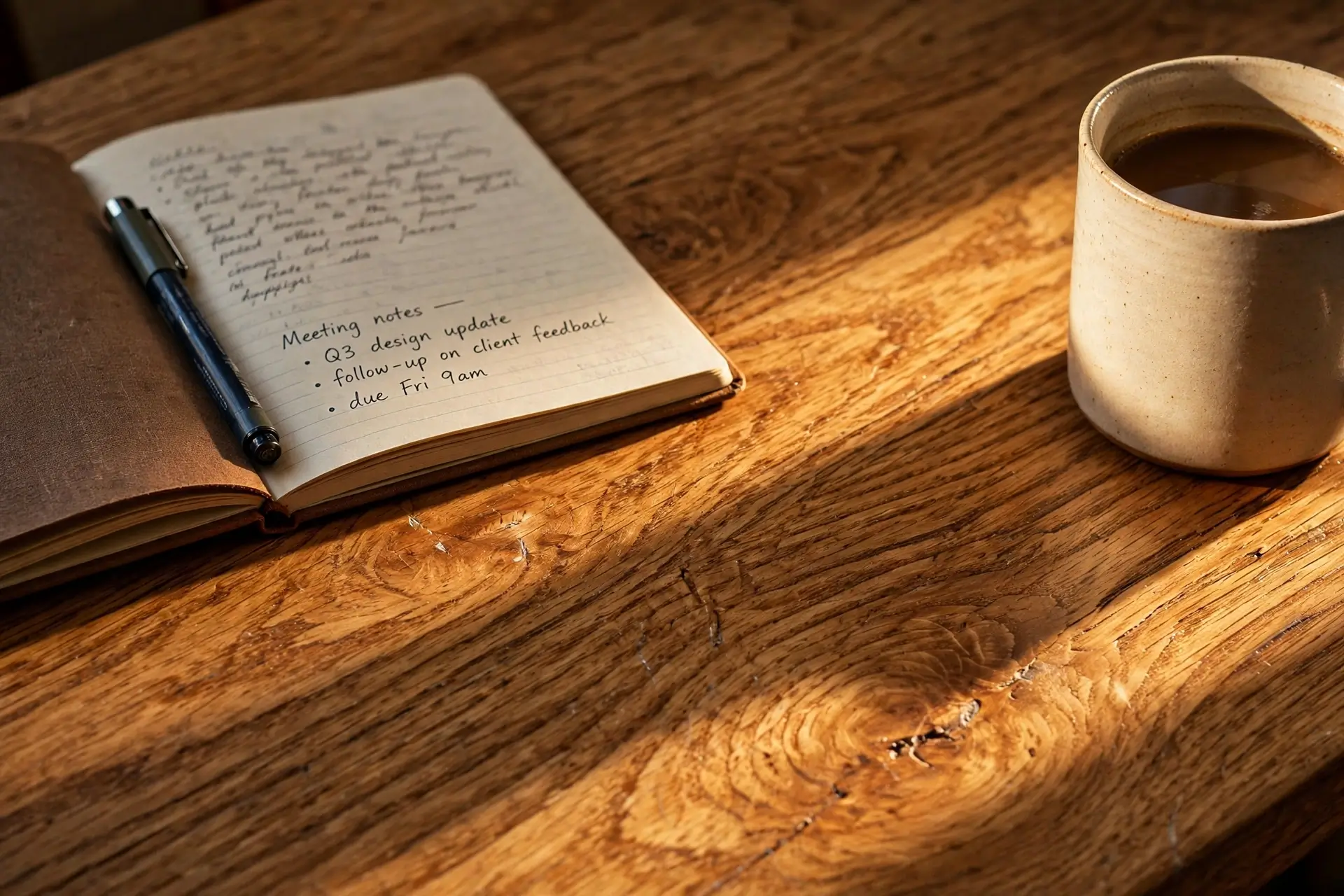 Close-up of warm oak desk grain with notebook and mug