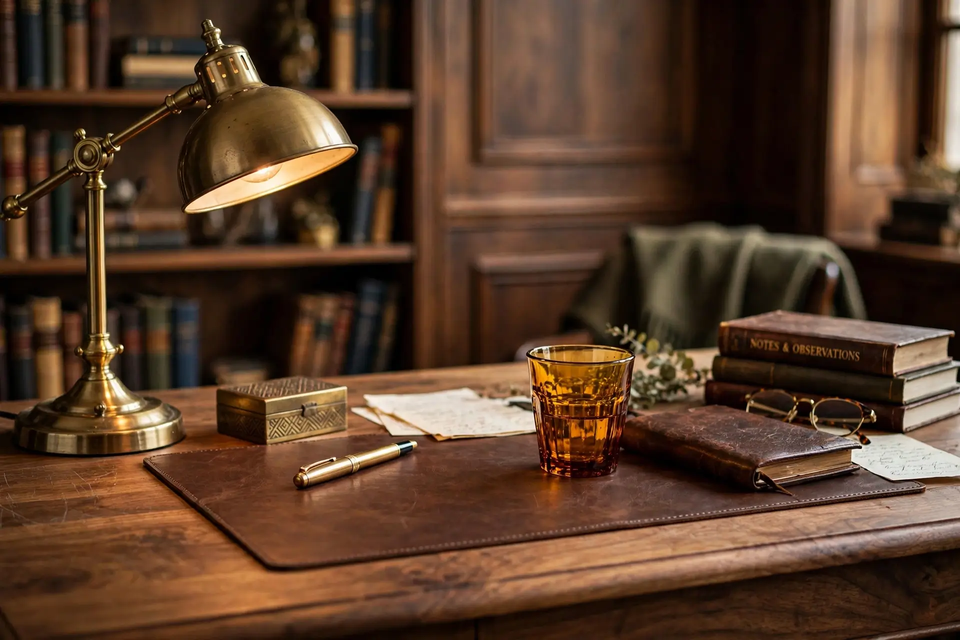 Wooden desk styled with leather mat and brass lamp
