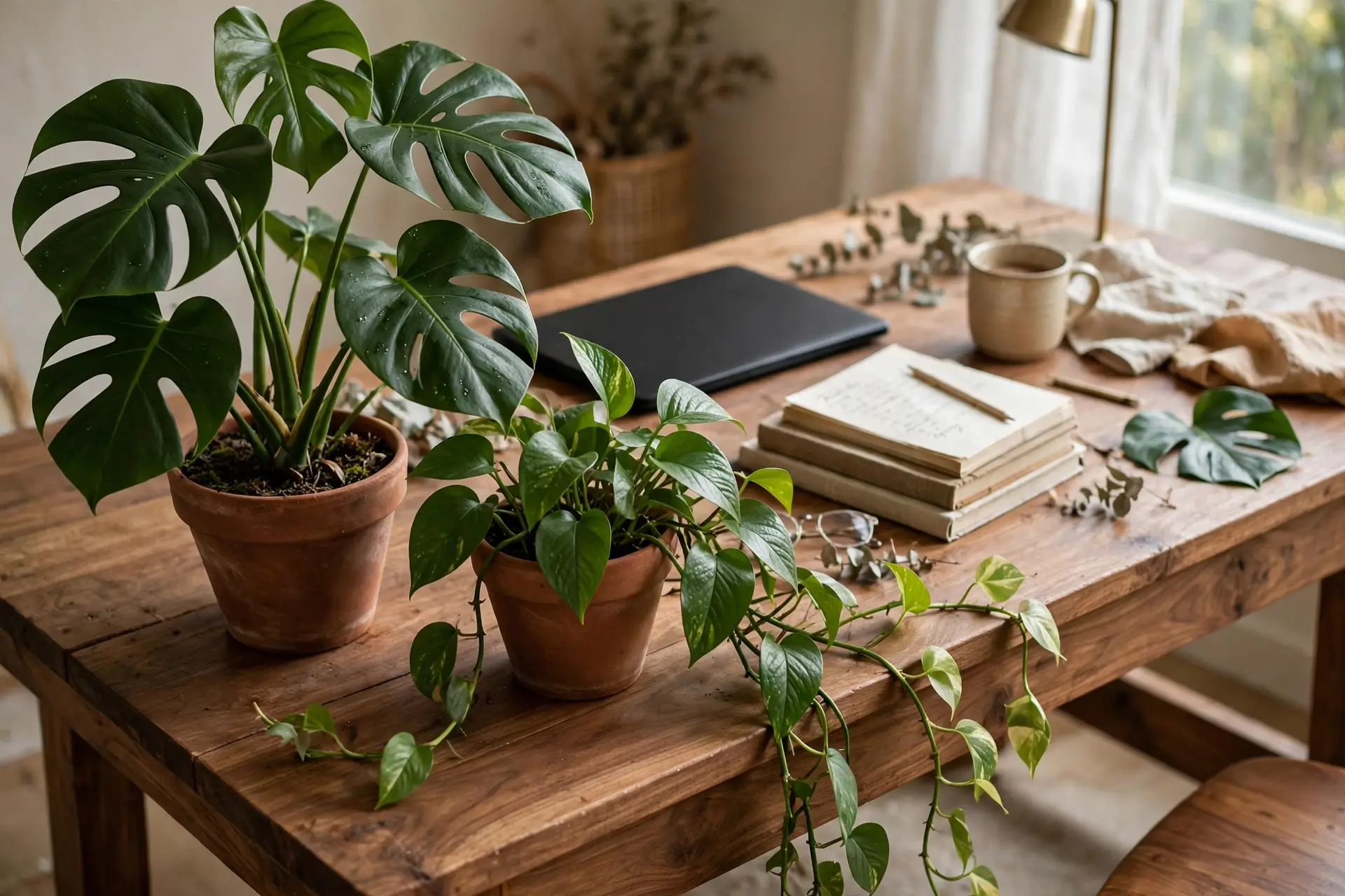 Wooden desk with lush green plants in terracotta pots