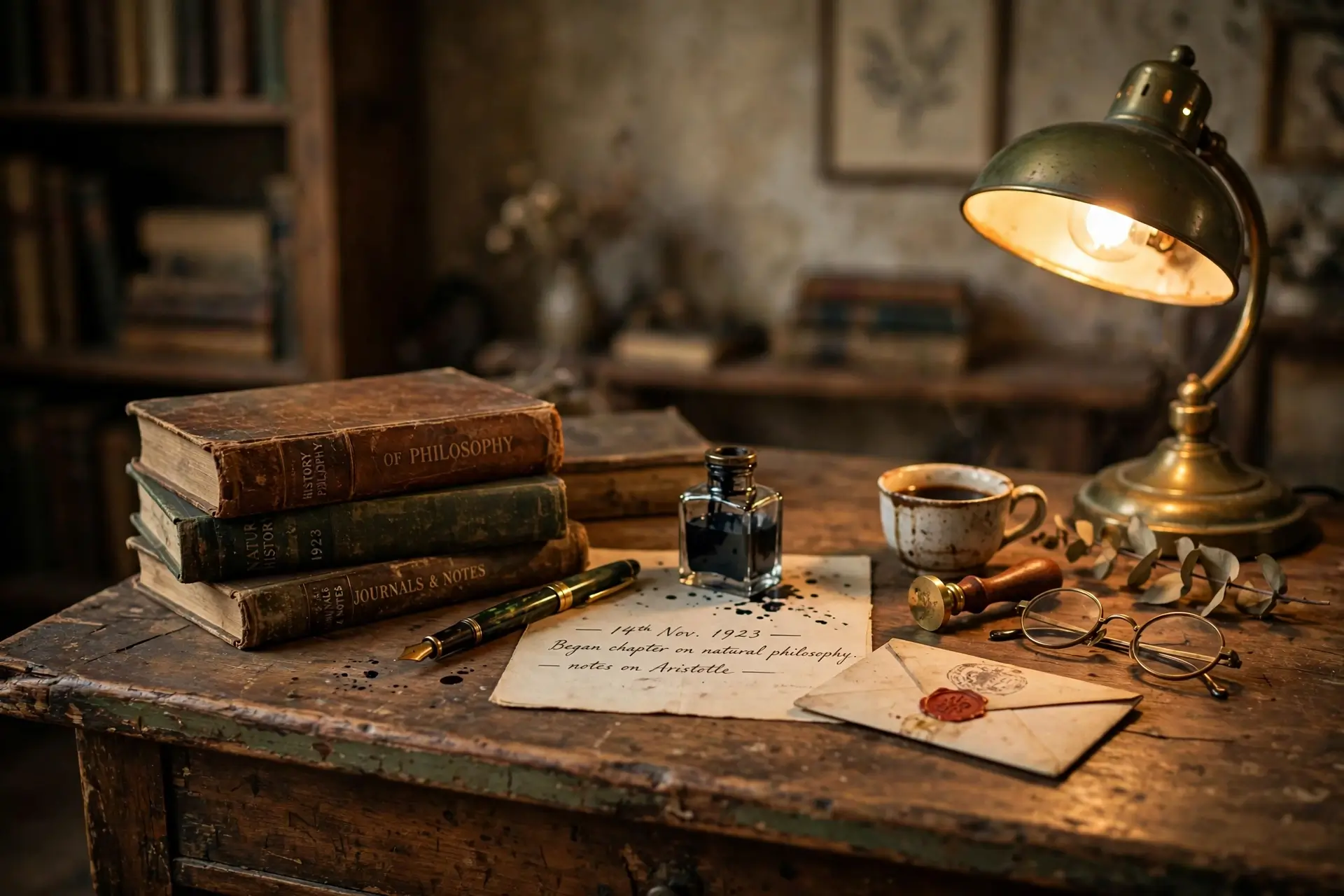 Vintage wooden desk with aged patina, books and fountain pen